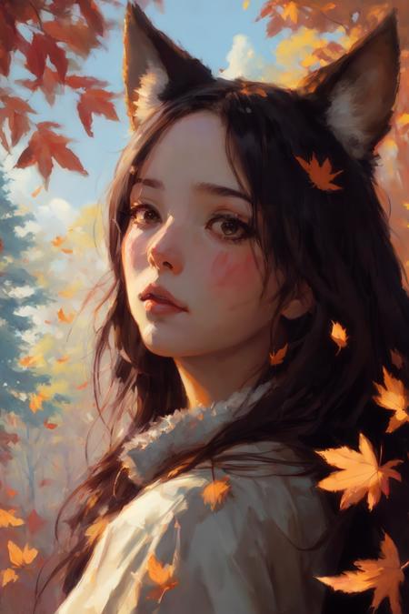 3978520128-448748514-close up portrait of mononoke hime, falling leafs, forest creatures in the background, professional majestic oil painting by Ed.png